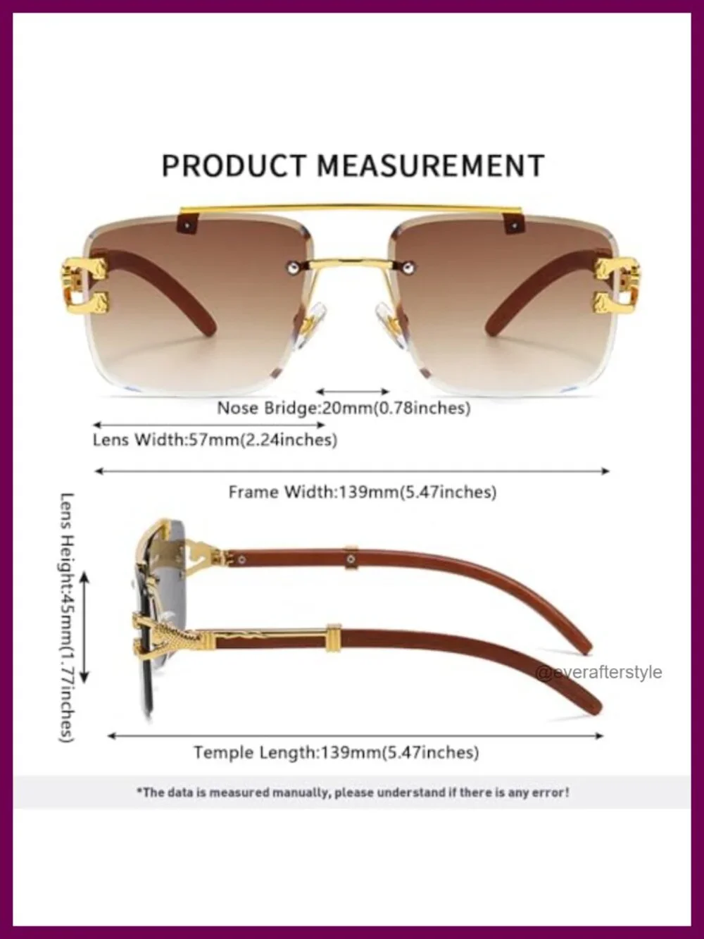 Oversized Rimless Square Sunglasses Retro Imitation Wooden Frame UV400